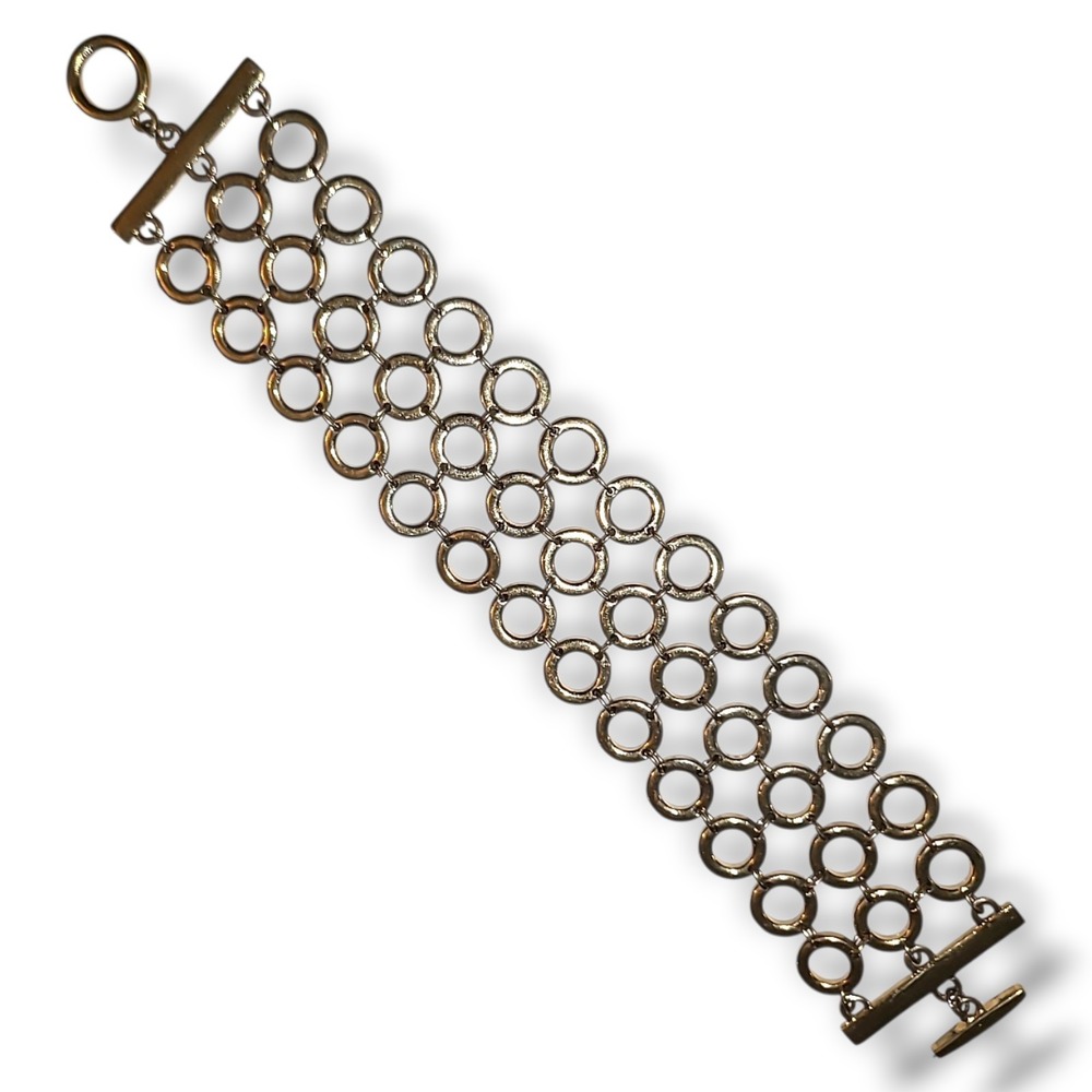 Gold Tone Multi Ring Link Bracelet 7.5" Wide Statement Toggle Chain Bold - Picture 2 of 3